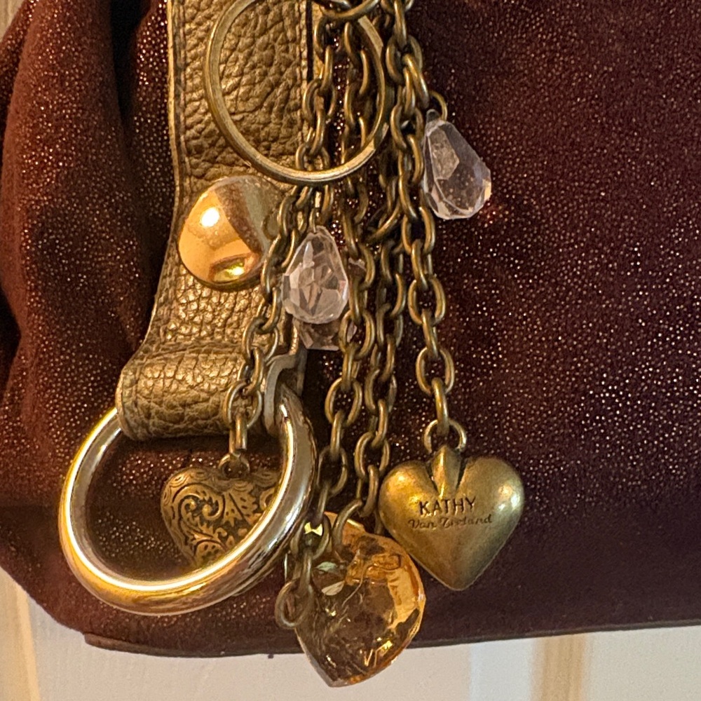 Brown Sparkle Suede Handbag with Gold Accents Charm Keychain Kathy Van Zeeland - Picture 3 of 16